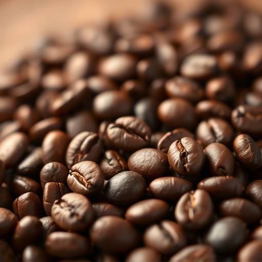 Grãos de café torrados, exibindo uma rica coloraäão marrom e textura brilhante.