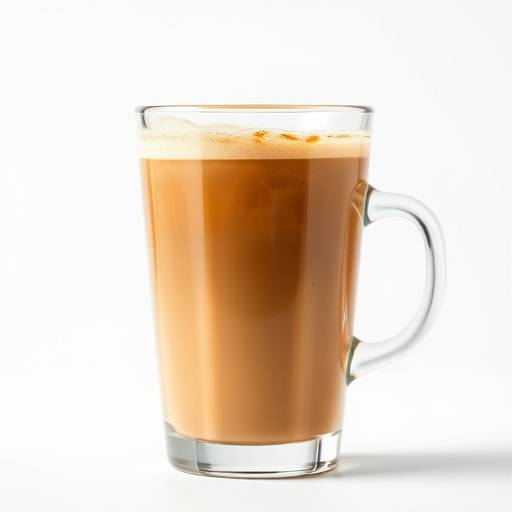 Um café americano, com uma cor marrom clara e um copo com paredes transparentes que mostra a bebida.