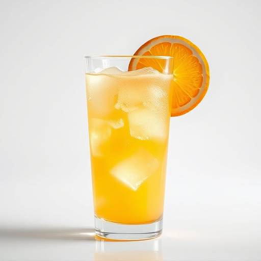 Um copo de sumo de laranja natural, com cubos de gelo e uma rodela de laranja na borda.