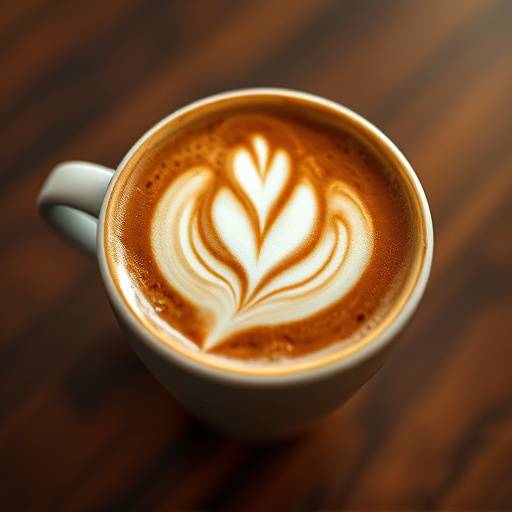 Um latte com arte latte de folha, exibindo camadas distintas de café e leite.