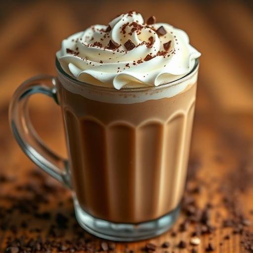 Um mocha quente, com creme chantilly e raspas de chocolate por cima, servido em uma caneca de cerâmica.