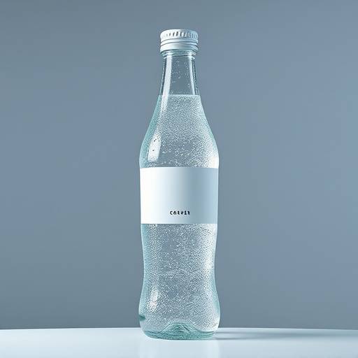 Uma garrafa de água mineral gelada, com gotas de condensaäão e um rótulo minimalista.