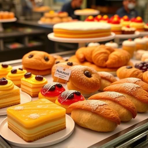 Uma variedade de pastéis portugueses frescos, incluindo pastéis de nata, croissants e bolos, dispostos em um balcão de pastelaria.